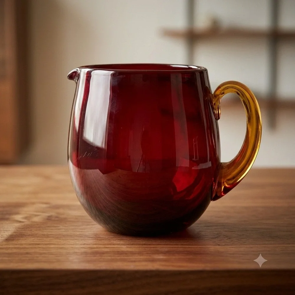 Vintage‎ Hand Blown Ruby Red Glass Pitcher Applied Amber Handle Mid Century